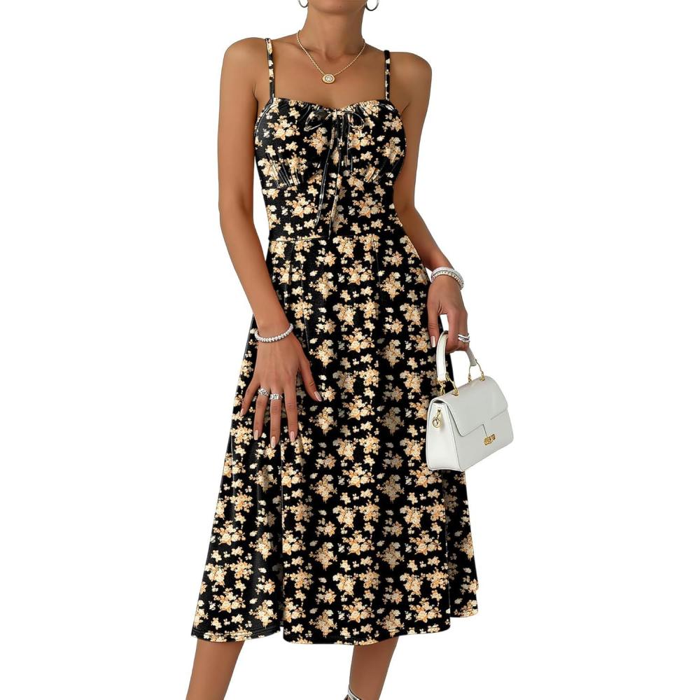 imageCaracilia Summer Dresses for Women Floral Corset Spaghetti Strap Milkmaid Midi Sundress 2026 Flowy Wedding Guest DressesBlack Yellow Floral