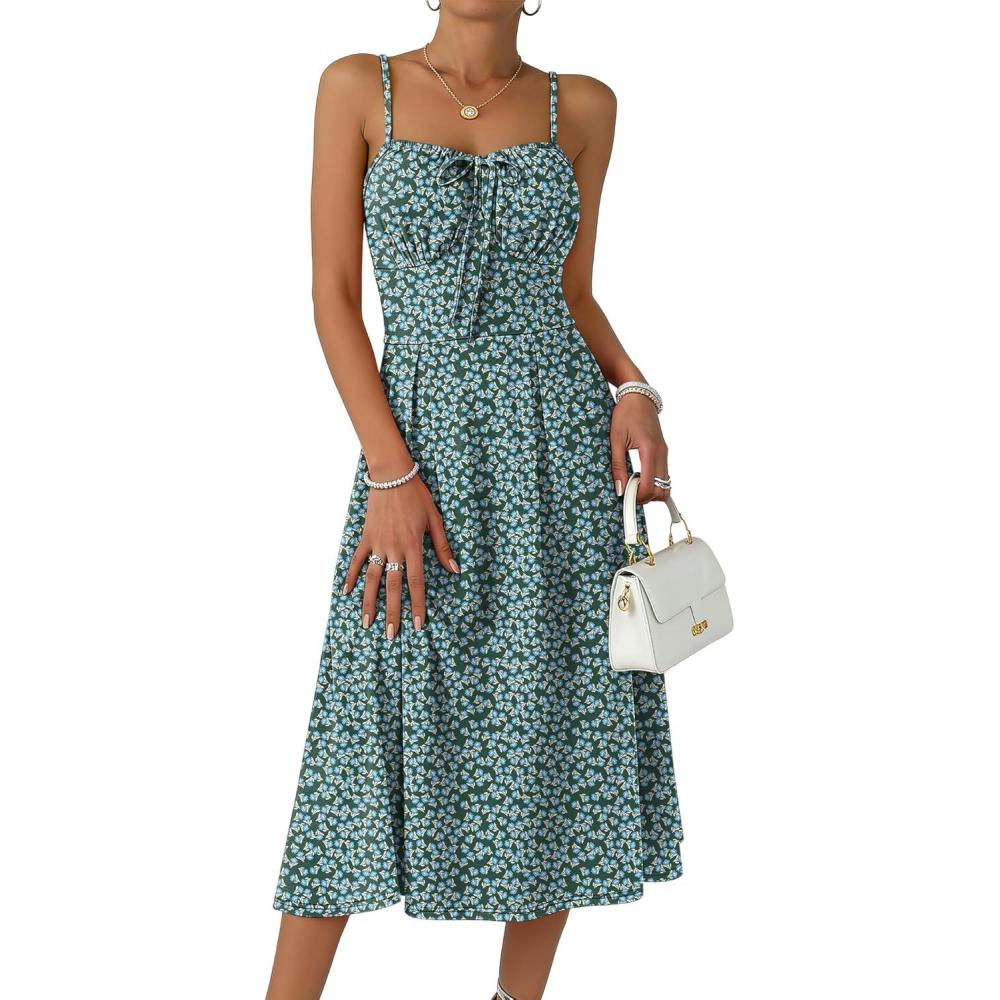 imageCaracilia Summer Dresses for Women Floral Corset Spaghetti Strap Milkmaid Midi Sundress 2026 Flowy Wedding Guest DressesDark Green Blue Floral