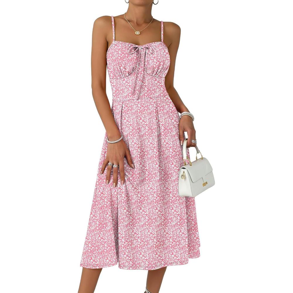 imageCaracilia Summer Dresses for Women Floral Corset Spaghetti Strap Milkmaid Midi Sundress 2026 Flowy Wedding Guest DressesPink Floral