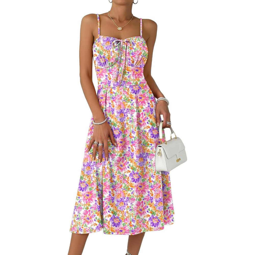 imageCaracilia Summer Dresses for Women Floral Corset Spaghetti Strap Milkmaid Midi Sundress 2026 Flowy Wedding Guest DressesPink Purple Floral