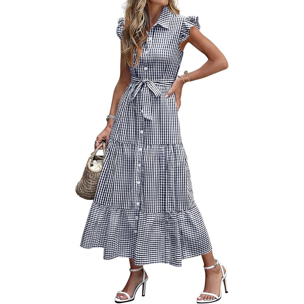 imageCaracilia Womens Summer Casual Ruffle Cap Sleeve Maxi Dress Button Down Striped Plaid Tie Waist Vacation Long Shirt DressesLight Brown White Stripe