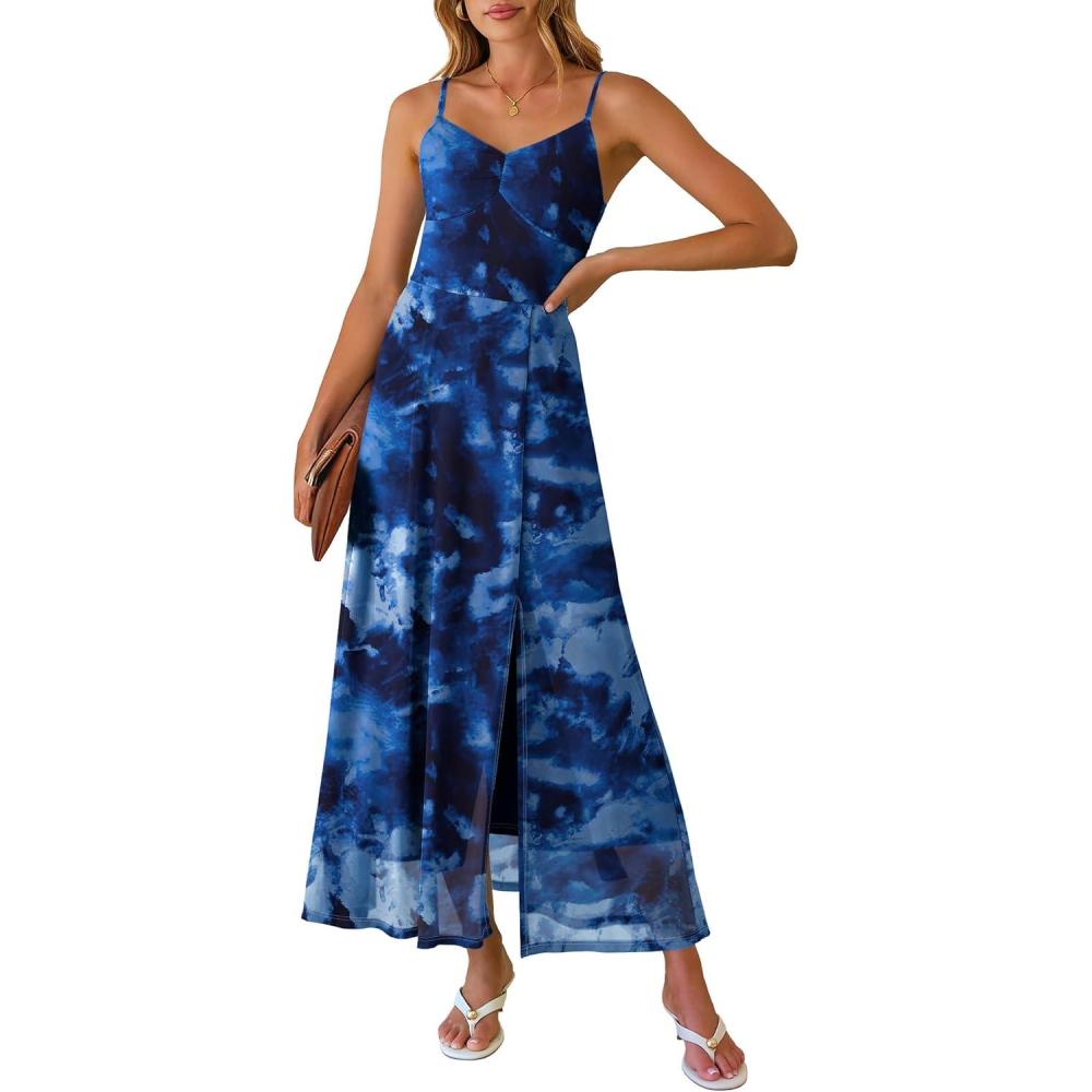 imageCaracilia Womens Summer Maxi Dresses Floral Mesh Spaghetti Strap Split Formal Wedding Guest Cocktail Party Beach Long DressNavy Blue Floral
