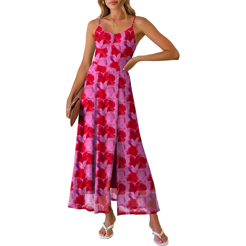imageCaracilia Womens Summer Maxi Dresses Floral Mesh Spaghetti Strap Split Formal Wedding Guest Cocktail Party Beach Long DressRed Purple Floral