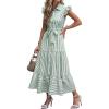 imageCaracilia Womens Summer Casual Ruffle Cap Sleeve Maxi Dress Button Down Striped Plaid Tie Waist Vacation Long Shirt DressesGreen White Stripe