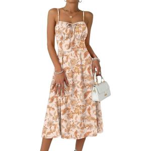 Caracilia Summer Dresses for Women Floral Corset Spaghetti Strap Milkmaid Midi Sundress 2026 Flowy Wedding Guest Dresses(Beige Red Floral)