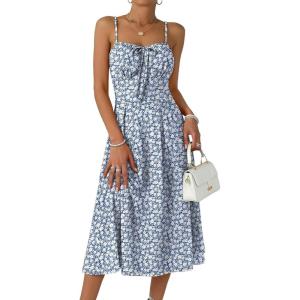 Caracilia Summer Dresses for Women Floral Corset Spaghetti Strap Milkmaid Midi Sundress 2026 Flowy Wedding Guest Dresses(Blue White Floral)