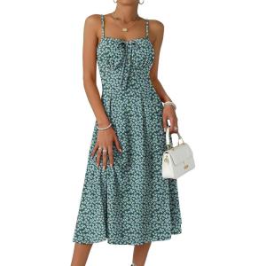Caracilia Summer Dresses for Women Floral Corset Spaghetti Strap Milkmaid Midi Sundress 2026 Flowy Wedding Guest Dresses(Dark Green Blue Floral)