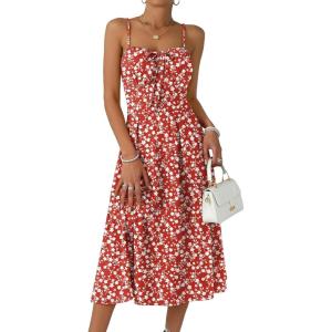 Caracilia Summer Dresses for Women Floral Corset Spaghetti Strap Milkmaid Midi Sundress 2026 Flowy Wedding Guest Dresses(Red White Floral)