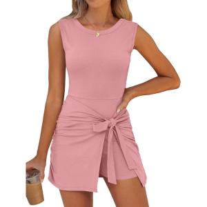 Caracilia Women Summer Sleeveless Bodycon Tie Cinched Waist Romper Skort Mini Dress Built in Shorts Night Out Vacation Dress(Coral)