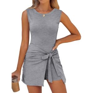 Caracilia Women Summer Sleeveless Bodycon Tie Cinched Waist Romper Skort Mini Dress Built in Shorts Night Out Vacation Dress(Light Gray)