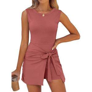 Caracilia Women Summer Sleeveless Bodycon Tie Cinched Waist Romper Skort Mini Dress Built in Shorts Night Out Vacation Dress(Rust Red)