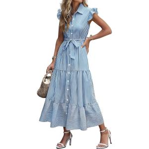 Caracilia Womens Summer Casual Ruffle Cap Sleeve Maxi Dress Button Down Striped Plaid Tie Waist Vacation Long Shirt Dresses(Blue White Stripe)