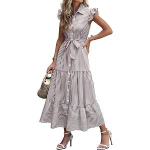 Caracilia Womens Summer Casual Ruffle Cap Sleeve Maxi Dress Button Down Striped Plaid Tie Waist Vacation Long Shirt Dresses(Brown White Stripe)