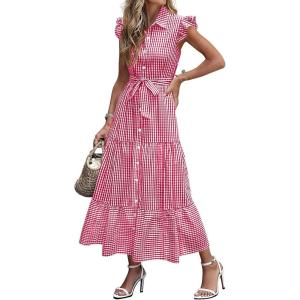 Caracilia Womens Summer Casual Ruffle Cap Sleeve Maxi Dress Button Down Striped Plaid Tie Waist Vacation Long Shirt Dresses(Red White Plaid)