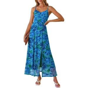 Caracilia Women’s Summer Maxi Dresses Floral Mesh Spaghetti Strap Split Formal Wedding Guest Cocktail Party Beach Long Dress(Blue Green Floral)