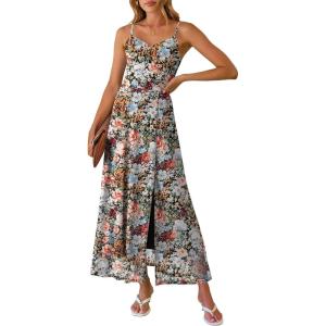 Caracilia Women’s Summer Maxi Dresses Floral Mesh Spaghetti Strap Split Formal Wedding Guest Cocktail Party Beach Long Dress(Multi Floral)
