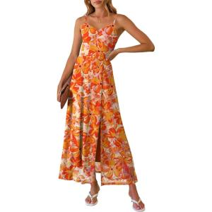 Caracilia Women’s Summer Maxi Dresses Floral Mesh Spaghetti Strap Split Formal Wedding Guest Cocktail Party Beach Long Dress(Orange Yellow Floral)