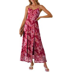 Caracilia Women’s Summer Maxi Dresses Floral Mesh Spaghetti Strap Split Formal Wedding Guest Cocktail Party Beach Long Dress(Red Yellow Floral)