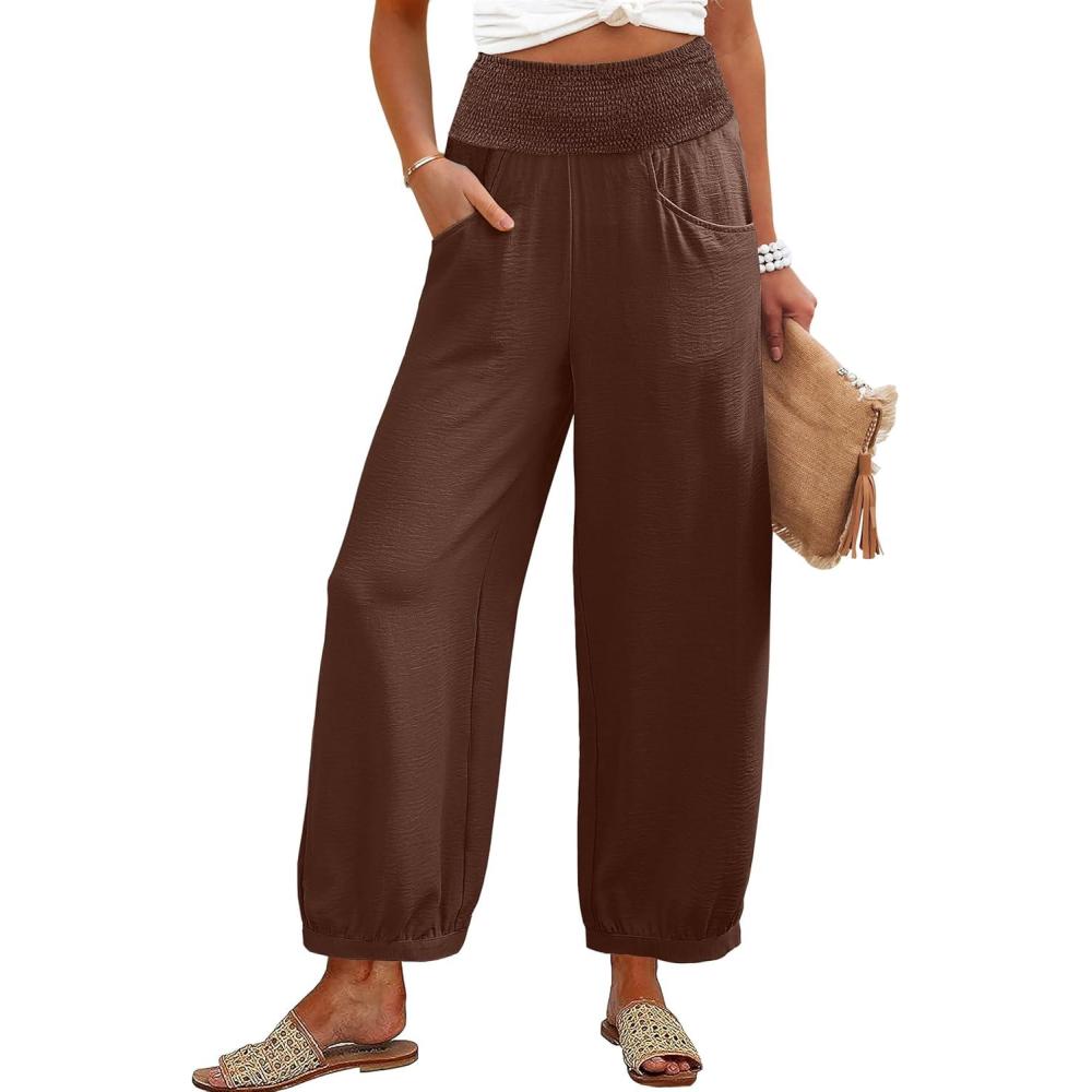 imageCaracilia Women Wide Leg Palazzo Pants 2026 Summer Casual High Waist Flowy Loose Boho Beach Vacation Lantern PantsBrown