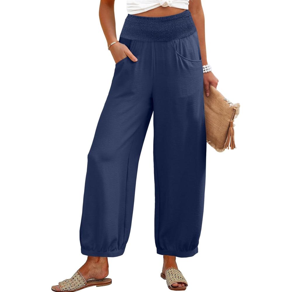imageCaracilia Women Wide Leg Palazzo Pants 2026 Summer Casual High Waist Flowy Loose Boho Beach Vacation Lantern PantsNavy Blue