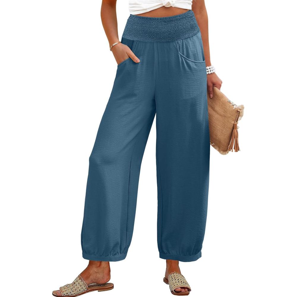 imageCaracilia Women Wide Leg Palazzo Pants 2026 Summer Casual High Waist Flowy Loose Boho Beach Vacation Lantern PantsTeal