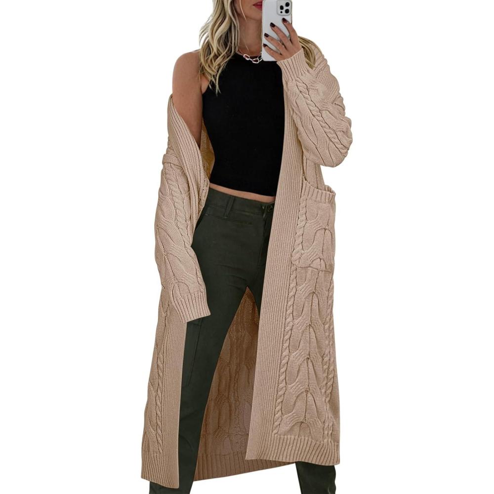 imageCaracilia Womens Oversized Cable Knit Long Cardigan Sweaters Open Front Duster Coat 2025 Fall Outfits Outwear Khaki Large