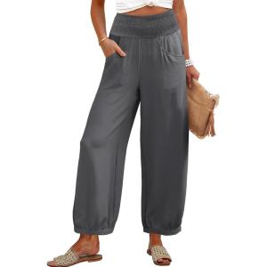 Caracilia Women Wide Leg Palazzo Pants 2026 Summer Casual High Waist Flowy Loose Boho Beach Vacation Lantern Pants(Dark Gray)