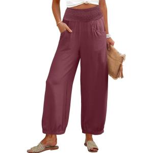 Caracilia Women Wide Leg Palazzo Pants 2026 Summer Casual High Waist Flowy Loose Boho Beach Vacation Lantern Pants(Maroon)