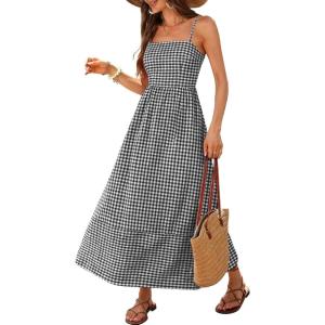 Caracilia Womens Maxi Dresses Gingham Spaghetti Strap Back Smocked Flowy Long Sundress Summer Beach Vacation Clothes 2026(Black White Plaid)