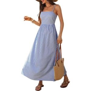 Caracilia Womens Maxi Dresses Gingham Spaghetti Strap Back Smocked Flowy Long Sundress Summer Beach Vacation Clothes 2026(Blue White Stripe)
