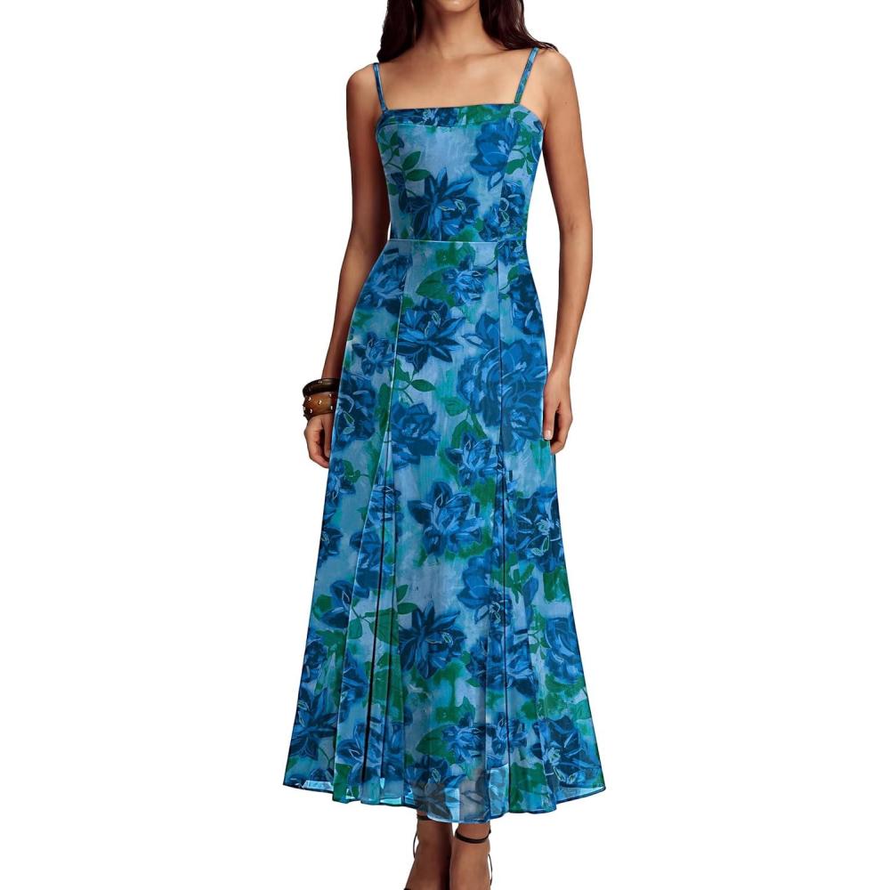 imageCaracilia Women Summer Maxi Dress Elegant Formal Cocktail Dress Spaghetti Strap Beach Wedding Guest Party Floral Long DressBlue Gree Rose
