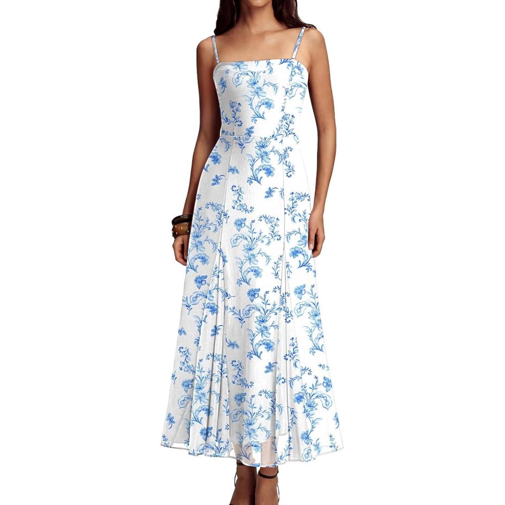 imageCaracilia Women Summer Maxi Dress Elegant Formal Cocktail Dress Spaghetti Strap Beach Wedding Guest Party Floral Long DressWhitebased Blue Flower