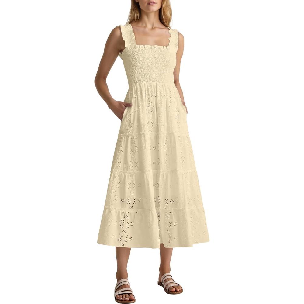 imageCaracilia Womens Summer Midi Dress Casual Square Neck Sleeveless Eyelet Smocked A Line Tiered 2026 Flowy Dresses with PocketsBeige