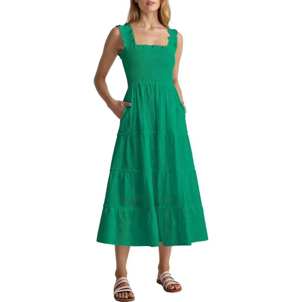 imageCaracilia Womens Summer Midi Dress Casual Square Neck Sleeveless Eyelet Smocked A Line Tiered 2026 Flowy Dresses with PocketsGreen