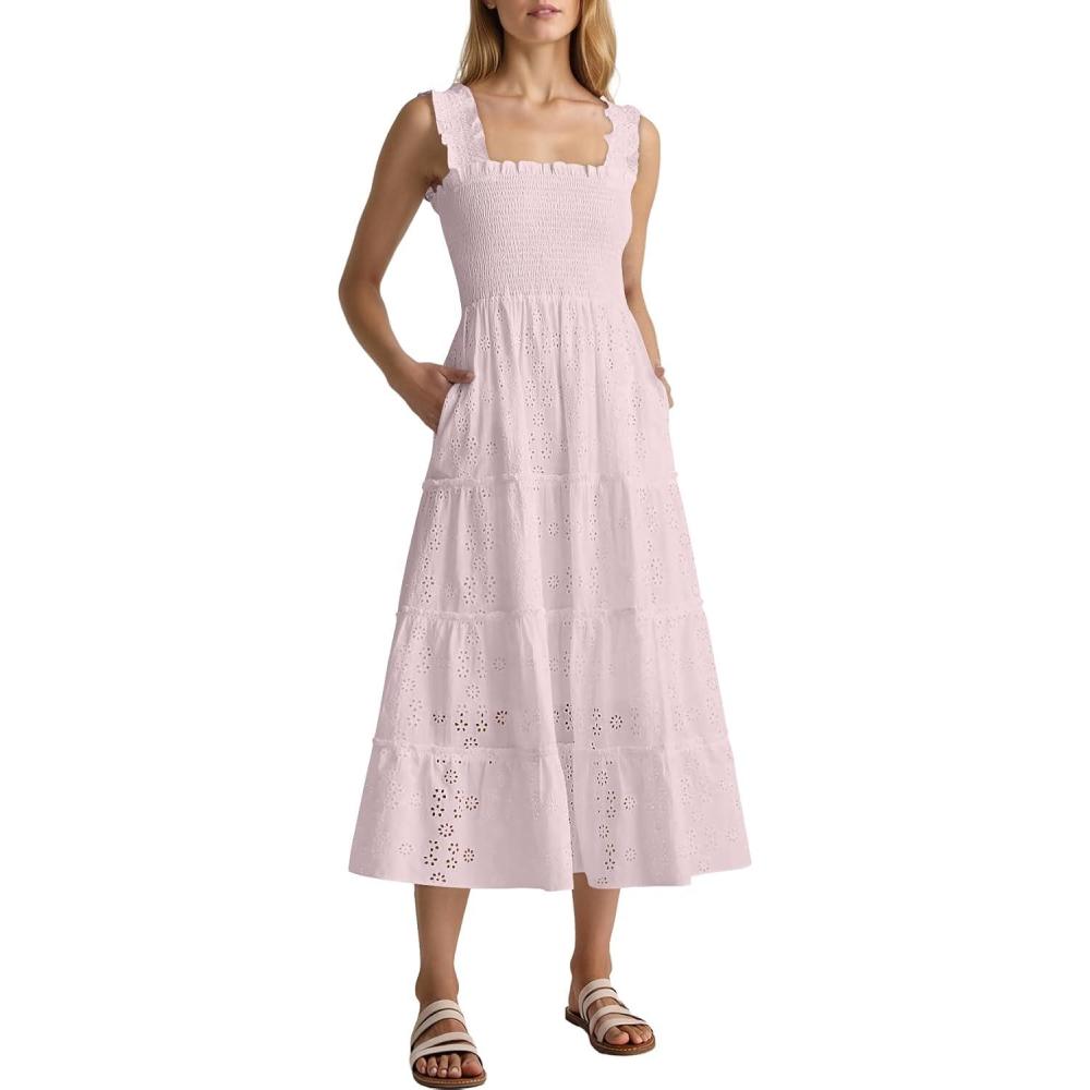 imageCaracilia Womens Summer Midi Dress Casual Square Neck Sleeveless Eyelet Smocked A Line Tiered 2026 Flowy Dresses with PocketsLight Pink