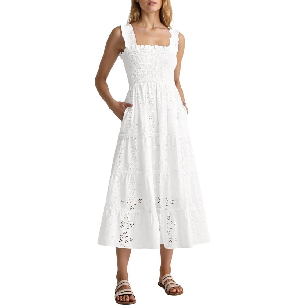 imageCaracilia Womens Summer Midi Dress Casual Square Neck Sleeveless Eyelet Smocked A Line Tiered 2026 Flowy Dresses with PocketsWhite