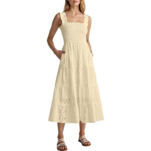 Caracilia Womens Summer Midi Dress Casual Square Neck Sleeveless Eyelet Smocked A Line Tiered 2026 Flowy Dresses with Pockets(Beige)