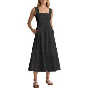 Caracilia Womens Summer Midi Dress Casual Square Neck Sleeveless Eyelet Smocked A Line Tiered 2026 Flowy Dresses with Pockets(Black)