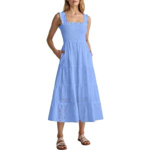 Caracilia Womens Summer Midi Dress Casual Square Neck Sleeveless Eyelet Smocked A Line Tiered 2026 Flowy Dresses with Pockets(Light Blue)