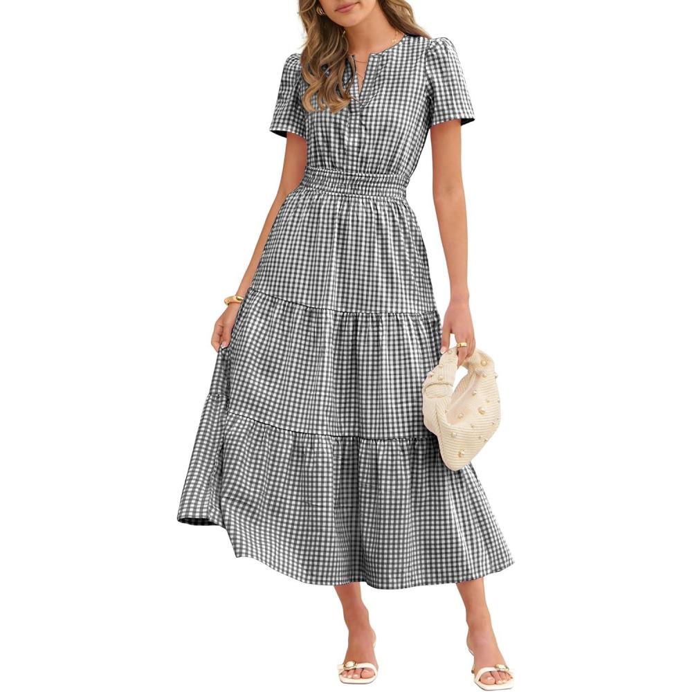 imageCaracilia Womens Summer Maxi Dresses 2026 Spring Casual V Neck Short Sleeve Gingham Flowy ALine Beach Vacation Party DressBlack Gingham