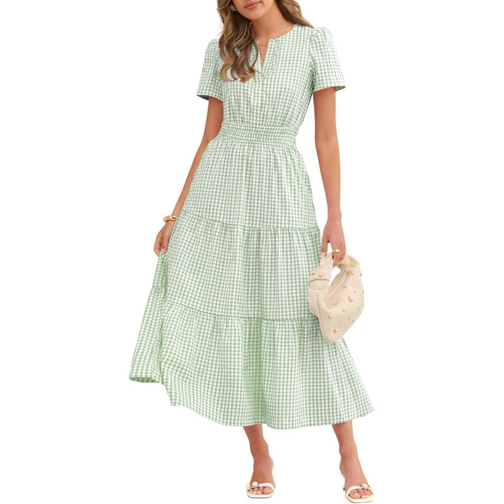 imageCaracilia Womens Summer Maxi Dresses 2026 Spring Casual V Neck Short Sleeve Gingham Flowy ALine Beach Vacation Party DressLight Green Gingham