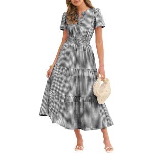 Caracilia Womens Summer Maxi Dresses 2026 Spring Casual V Neck Short Sleeve Gingham Flowy A-Line Beach Vacation Party Dress(Black Gingham)
