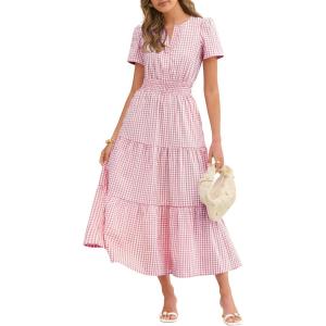 Caracilia Womens Summer Maxi Dresses 2026 Spring Casual V Neck Short Sleeve Gingham Flowy A-Line Beach Vacation Party Dress(Dusty Pink Gingham)
