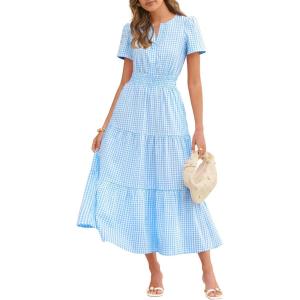 Caracilia Womens Summer Maxi Dresses 2026 Spring Casual V Neck Short Sleeve Gingham Flowy A-Line Beach Vacation Party Dress(Light Blue Gingham)