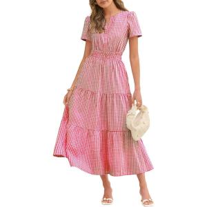 Caracilia Womens Summer Maxi Dresses 2026 Spring Casual V Neck Short Sleeve Gingham Flowy A-Line Beach Vacation Party Dress(Red Gingham)