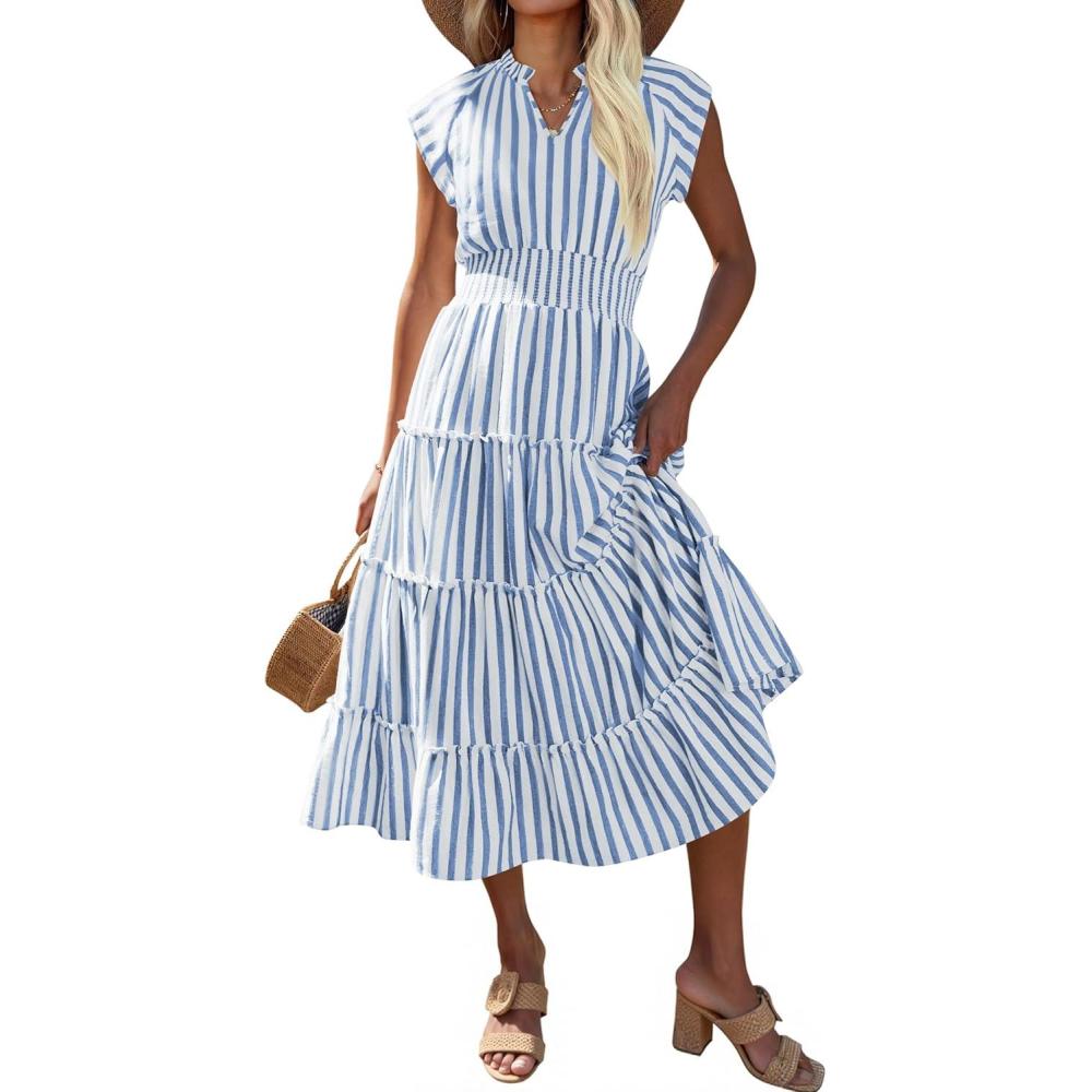 imageCaracilia Womens Summer Maxi Dress 2026 Casual V Neck Cap Sleeve Ruffle Striped Plaid Flowy Tiered Beach Vacation SundressBlue White Stripe