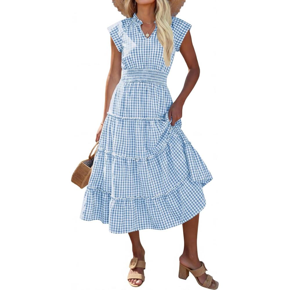 imageCaracilia Womens Summer Maxi Dress 2026 Casual V Neck Cap Sleeve Ruffle Striped Plaid Flowy Tiered Beach Vacation SundressLight Blue Plaid