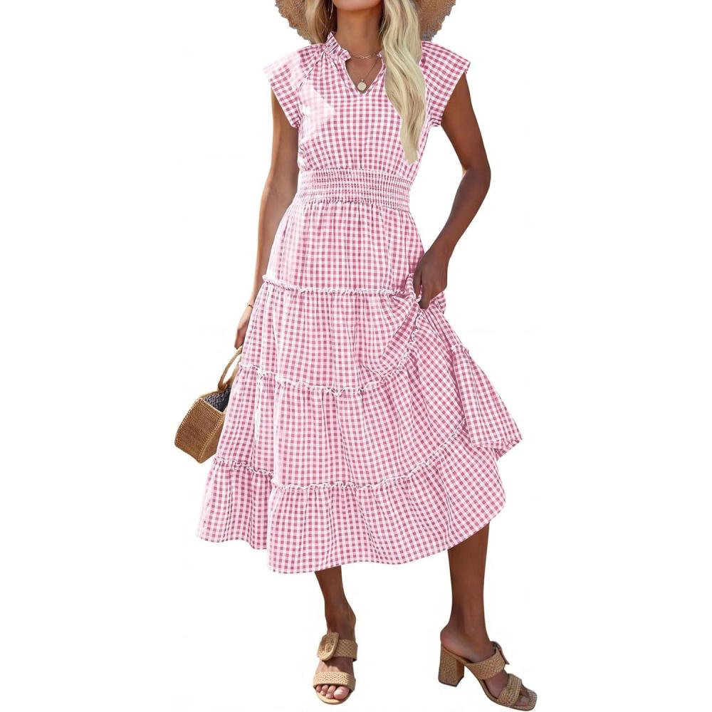 imageCaracilia Womens Summer Maxi Dress 2026 Casual V Neck Cap Sleeve Ruffle Striped Plaid Flowy Tiered Beach Vacation SundressPink Plaid