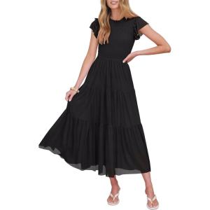 Caracilia Womens Summer Casual Tulle Midi Dresses Ruffle Sleeve Crew Neck Smocked Mesh 2026 Flowy Tiered Wedding Guest Dress(Black)