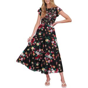 Caracilia Womens Summer Casual Tulle Midi Dresses Ruffle Sleeve Crew Neck Smocked Mesh 2026 Flowy Tiered Wedding Guest Dress(Black Floral)